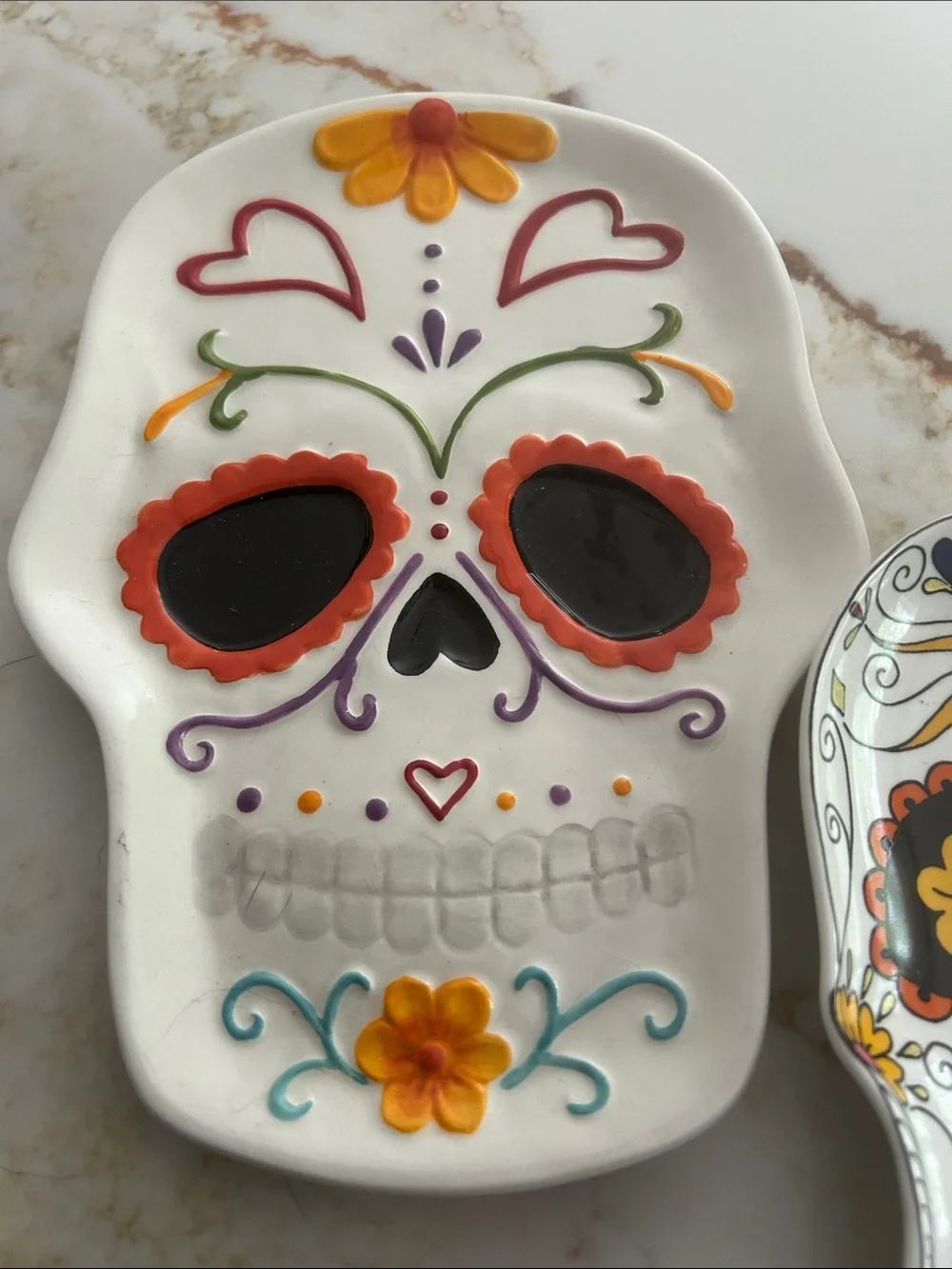 Set of 2 Skull Decorative Trinket Dishes - White with Multicolor Accents